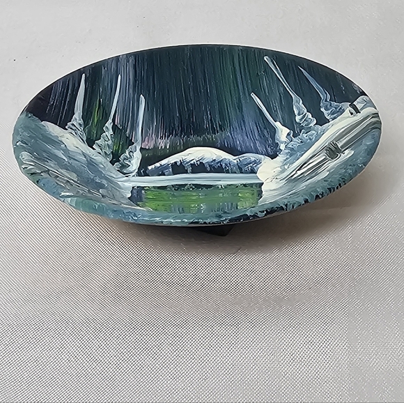 Mini Hand Painted Gold Pan Artist Signed Mountain Lake Stream Scene - Picture 2 of 5